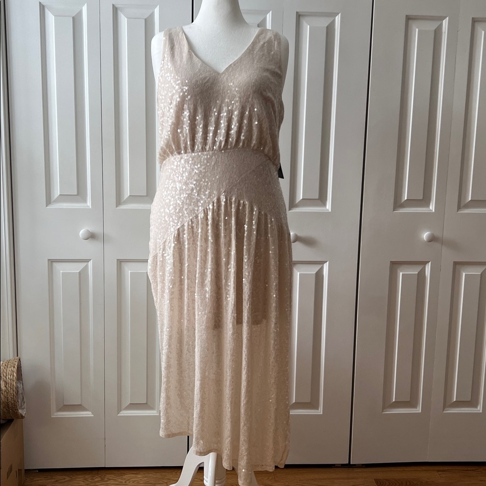 Express Beige/Cream Asymmetrical Sequin Midi Dress